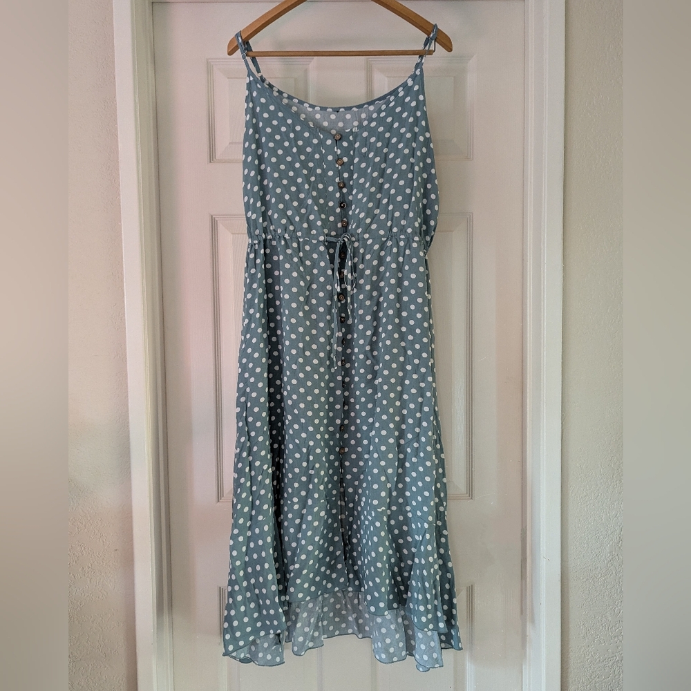 Blue W/ White Polka Dot Button-Down Dress W/ Tie Waist Size XL Adjustable Straps